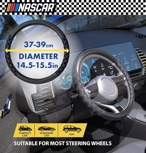 غطاء عجلة قيادة ناسكار | مقاس عالمي 14.5 بوصة - 15.5 بوصة | قبضة وراحة معززة | شاحنة، سيارات الدفع الرباعي، غطاء عجلة قيادة السيارة للرجال والنساء | جلد صناعي عالي الجودة (أسود - وسادة كبيرة مريحة) in Kuwait