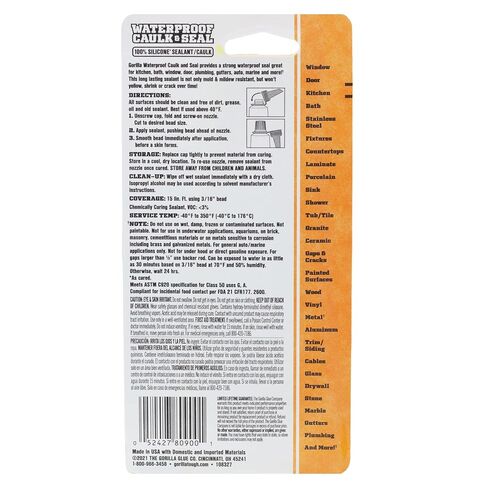 Gorilla 100% Silicone Caulk, Waterproof Sealant, 2.8oz Squeeze Tube (Pack of 1) – White -10 Year Mold Resistant Kitchen, Window, Bath, Marine, Door and More in Kuwait
