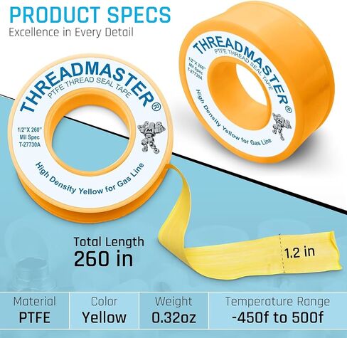 Yellow Gas Pipe Thread Seal Tape, 260" Length 1/2" Width, Teflon Tape for Gas Fittings, Used as High Density Plumbers Tape, Pack of 2 in Kuwait