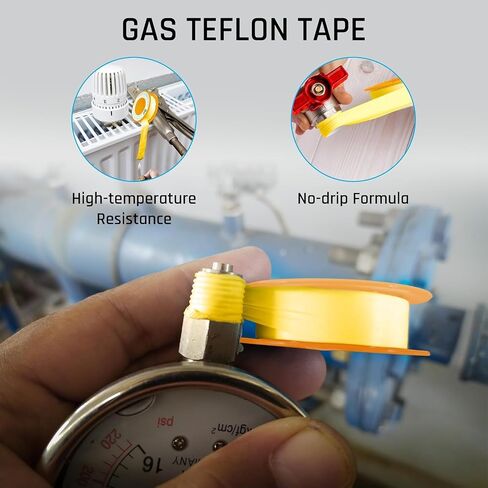 Yellow Gas Pipe Thread Seal Tape, 260" Length 1/2" Width, Teflon Tape for Gas Fittings, Used as High Density Plumbers Tape, Pack of 2 in Kuwait