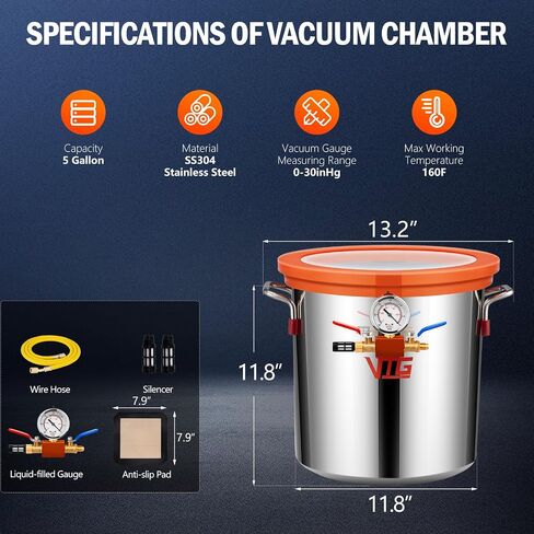 5 Gallon Vacuum Chamber with Pump,304 Stainless Steel Degassing Chamber Kit with 4.5 CFM 1/3HP Vacuum Pump,for Stabilizing Wood, Degassing Resin, Silicone and Epoxies in Kuwait