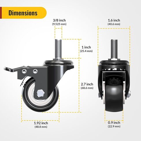 HOLKIE Stem Caster Wheels 2 inch Total Locking Casters Set of 4, Threaded Stem 3/8" -16 x 1 (Diameter 3/8", Length 1") Swivel Heavy Duty Castors Black in Kuwait