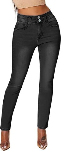 Women's Casual Jeans Pencil Leg Pants High Stretch Mid Rise Jeans in Kuwait