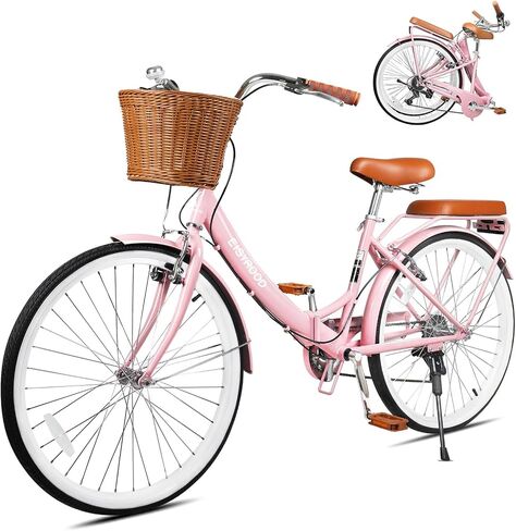 26 Inch Folding Beach Cruiser Bike for Women, 7-Speed Ladies Bike with Basket & Rack, Perfect for City Commuting's Bicycle, Ideal for Women and Adults (26" - Blue, 26") in Kuwait