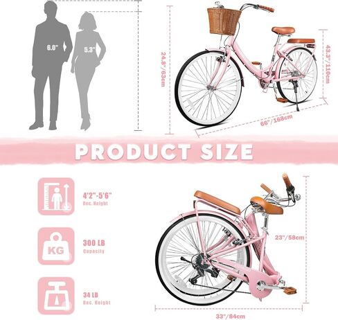 26 Inch Folding Beach Cruiser Bike for Women, 7-Speed Ladies Bike with Basket & Rack, Perfect for City Commuting's Bicycle, Ideal for Women and Adults (26" - Blue, 26") in Kuwait