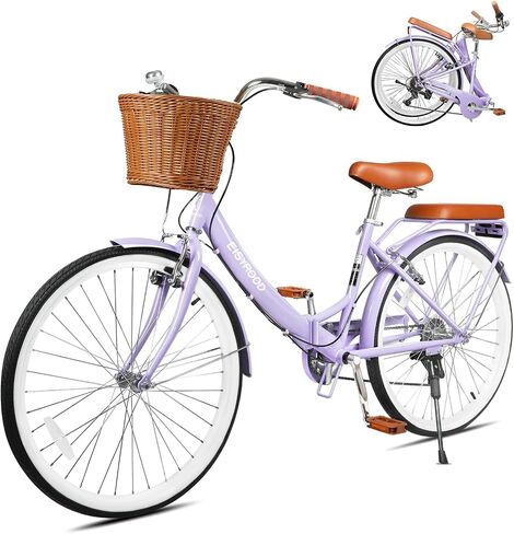 26 Inch Folding Beach Cruiser Bike for Women, 7-Speed Ladies Bike with Basket & Rack, Perfect for City Commuting's Bicycle, Ideal for Women and Adults (26" - Blue, 26") in Kuwait