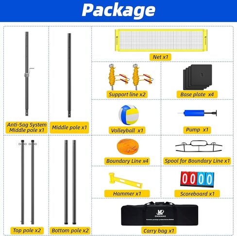 Professional Outdoor Volleyball Net Set with Adjustable Poles & Anti-Sag Design, Portable Volleyball Net Includes Beach Fixed Plate, Scoreboard, Boundary Line and Carry Bag for Backyard Beach Grass in Kuwait