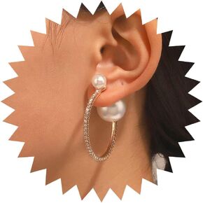 Rhinestone Gold Hoop Earrings Large CZ Diamond Hoop Earrings Faux Pearl Front Back Earrings Elegant Pearl Hoop Earrings Vintage Pearl Ear Jacket Earrings Bridal Jewelry for Women Girls