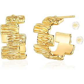 BENEIGE Women Hoop Earrings Open Hoop Huggie C Shape Earrings Stud 14K Gold Plated Boho Beach Simple Delicate Handmade Hypoallergenic Everyday Jewelry