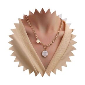 Gold Coin Disc Choker Necklace Boho Mother Of Pearl Necklace Round Shell Pendant Necklace Curb Chain Toggle Necklace Jewelry for Women and Girls