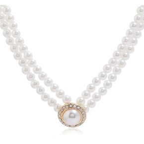 Rhinestone 2 Tier Pearl Choker Necklace for Women Girls Boho Vintage Layered Simulated Round Pearls Beaded Chic Crystal Cubic Zirconia Chain 1920s Necklace for Wedding Bridal Prom Party Jewelry Gifts