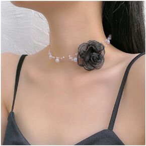 YienDoo Gothic Flower Choker Black Camellia Pearl Necklace Vintage Multi-layer Pearl Lace Floral Neckband Choker Sexy Lace Flower Bow Wedding Bride Pearl Collar Necklace Jewelry for Women