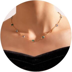 FUTIMELY Bohemian Green Crystal Choker Necklace for Women Girls,Dainty Vintage Emerald Station Green Stone Tiny Necklace Gorgeous Fashion Jewelry