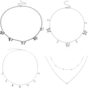 4PCS Butterfly Star Choker Necklace Gold Layered Chain Necklace Cute Vsco Choker Necklace Aesthetic Necklace for Women Teen Girls