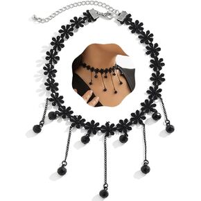 Black Lace Collar Choker Gothic Crystal Beads Drop Tassel Choker Necklace Vintage Lace Wrap Choker Jewelry for Women and Girls