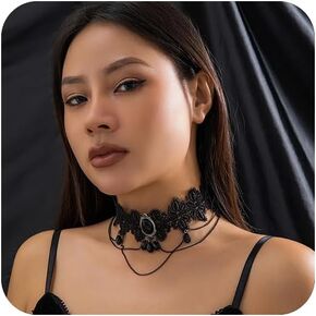 Black Lace Collar Choker Gothic Crystal Beads Drop Tassel Choker Necklace Vintage Lace Wrap Choker Jewelry for Women and Girls
