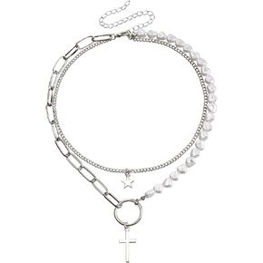 Paper Clip Pearl Choker Necklace Gold Double Layer Star Cross Drop Necklace Retro Chain Culture Pearl Pendant Choker Necklace Fashion Retro Charm Women's Valentine's Day Jewelry
