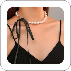 Baroque Pearl Strand Choker Necklace Chain Boho Faux Pearl Chain Charm Long Wide Black Velvet Ribbon Bowknot Neck Tie Chain Elegant Bow Collar Necklace Jewelry for Women and Girls
