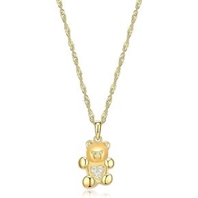 18k Yellow Gold Plated Sterling Silver Round White Cubic Zirconia Bear Pendant Necklace, 18"