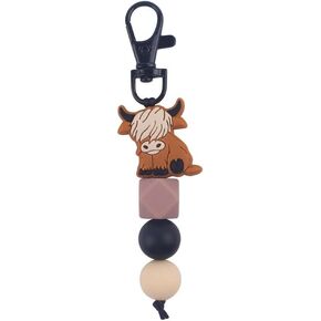 Caiyao Cute Highland Cattle Animal Keychains for Women Girl Cow Silicon Bead Bracelet Wristlet Tassel Keyring Pendants Charm