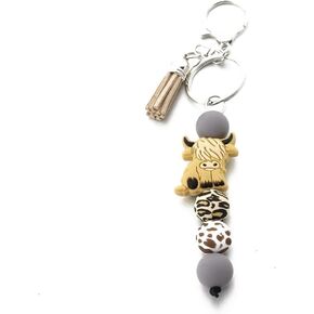 Caiyao Cute Highland Cattle Animal Keychains for Women Girl Cow Silicon Bead Bracelet Wristlet Tassel Keyring Pendants Charm