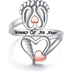 FLYOW 925 Sterling Silver Loss Mommy of An Angel Baby Feet Memorial Sympathy Gift Adjustable Ring for Women Mother Mom Miscarriage, Size 6-8