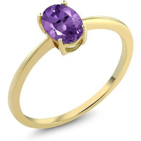 Gem Stone King 10K Yellow Gold Oval Purple Amethyst Solitaire Engagement Ring For Women (0.75 Cttw, Oval 7X5MM, Gemstone Birthstone, Available In Size 5, 6, 7, 8, 9)