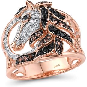 Santuzza 14K Rose Golden Plated Horse Ring 925 Sterling Silver Black Spinel White Cubic Zirconia Animal Jewelry Gift for Women
