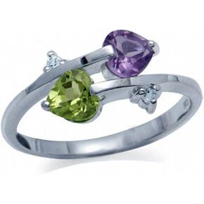 Silvershake Natural Amethyst Peridot and White Topaz 925 Sterling Silver Twin Heart Ring