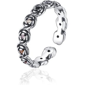 Ruzzykea Retro 925 Sterling Silver Blooming Rose Floral Statement Rings Cubic Zirconia Opening Rings for Women
