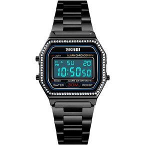 MASTOP Women's Classic Simple Petite Electronic Quartz Watch Stainless Steel Square Slim Led Watch Digital Watch