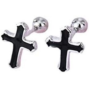Black Cross Stud Earrings S925 Sterling Silver for Women Little Girls Minimalist Delicate Cartilage Small Helix Screw Back Tragus Piercing Ear Studs 20G Hypoallergenic Fashion Jewelry