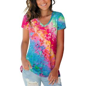 Womens Tie Dye Shirts Butterfly Color Gradient Print V Neck Tshirt Summer Casual Rainbow Short Sleeve Tee Tops