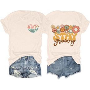 Women Stay Groovy Shirt Rainbow Floral Graphic 70s Hippie T Shirts Casual Short Sleeve Tee Top