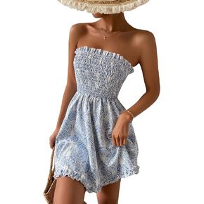 WDIRARA Women's Damask Print Flared Hem Frill Trim Strapless A Line Mini Dresses