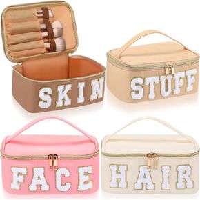 Sanwuta 4 Pcs Chenille Letter Makeup Bag Preppy Patch Cosmetic Bag Nylon Makeup Pouch Portable Travel Large Stuff Bag Toiletry Storage Bag with Zipper and Handle (Pink, Brown, Light Brown, Beige)