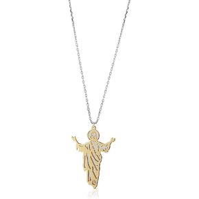 Sterling Silver Two Tone Jewelry Risen Jesus Pendant Necklace with Gold and Rhodium Plated for Women and Girls