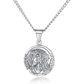 Heavstjer Fashion Stainless Steel Jesus Portrait Round Pendant Coin Necklace