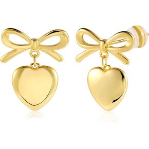 Gold Silver Heart Dangle Earrings for Women Ribbon Bow Dangle Drop Earrings for Girls Jewelry Gift