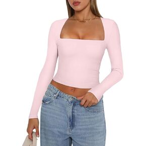 Women's Square Neck Long Sleeve Top Casual Basic Going Out Shirt Y2K Slim Fitted Tight T-Shirt Crop Tops