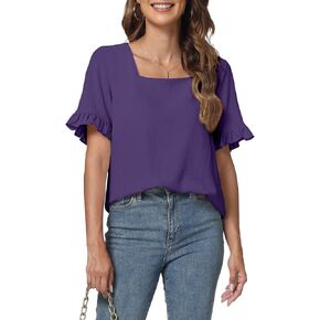 YSYOKOW Womens Summer Tops Casual Ruffle Short Sleeve Shirts Square Neck Blouses Loose Fit Tunic