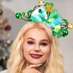 Kisshine Light Up Headband LED St Patrick's Day Headbands Glowing Bowknot Hair Band Shamrock Festival Rave Costume Hair Accessories for Women and Girls