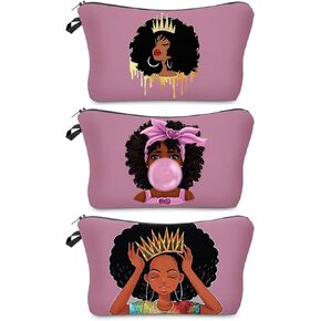 African American Makeup Bag for Purse 3 Pack Afro Black Cosmetic Bags for Women Inspirational Gift Small Funny Cosmetics Pouch Travel Bag Cases for Toiletries Accessories Organizer Bulk
