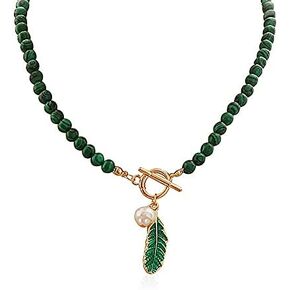Green Enamel Leaf Malachite Beads Pendant Necklace,Natural Malachite Pearl Buckle Choker Necklace Summer Beach Jewelry for Girls Ladies