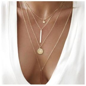Bohemia Layered Necklace Choker Vertical Bar Pendant Necklace Multi layer Bar Disc Necklace Gold Long Necklace Chain Jewelry for Women and Girls