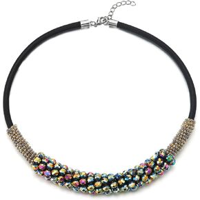 COOLSTEELANDBEYOND Sparkling Statement Necklace Black Choker Collar, Rainbow Crystal Beads Chain Grapes String Pendant
