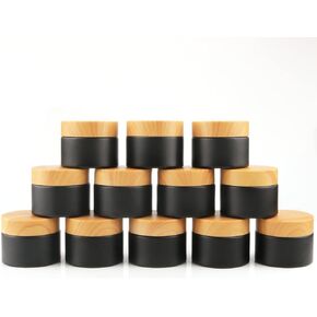 12 Pack 50gram/1.7oz Glass Cream Jars Empty Frosted Sample Containers Refillable Cosmetic Jar Vials with Plastic Wood Grain Lid&Inner Liner for Lotion Face Cream Moisturiser Gel Ointment - Black