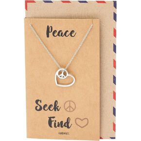Quan Jewelry Seek Peace Find Love Necklace, 100% Handcrfated Unique Present in Silver Tone with Inspirational Positivity Greeting Card, Gift Giving Ready Heart with Peace Inside Pendant Charm