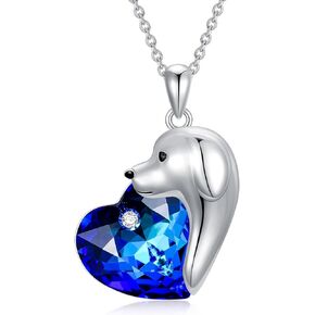 AOBOCO Dog Necklace Sterling Silver Golden Retriever Puppy Dog Pendant with Blue Heart Crystal, Dog Jewelry Gifts for Women Girls