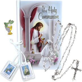 Needzo Girls First Communion Gift Set, Snap Wallet with Scapular, Rosary, Lapel Pin, and Mass Book, All in One, 4 Items